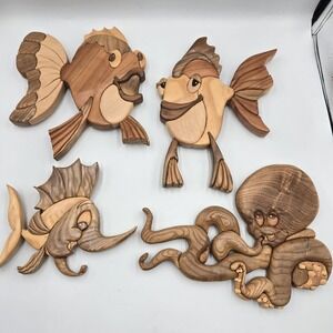 Vintage Wooden Whimsical Nautical Ocean Intarsia Art Wall Hanging Beach House